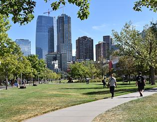 Denver skyline, and people walking at a park